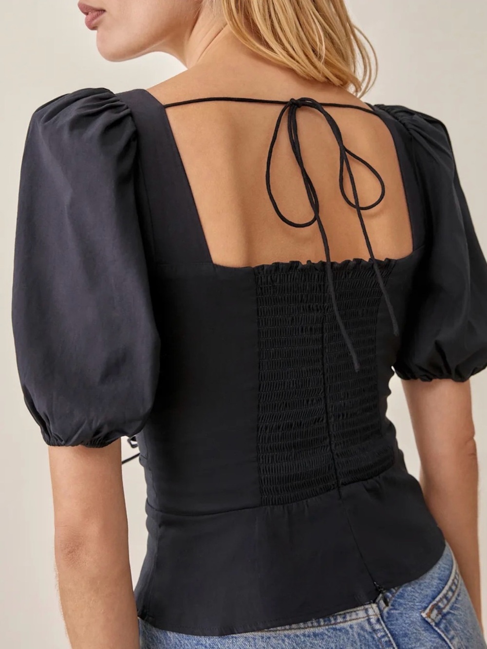 Reformation Fiske Black Square-Neck Puff Sleeve Tie-Waist Top - Picture 3 of 8